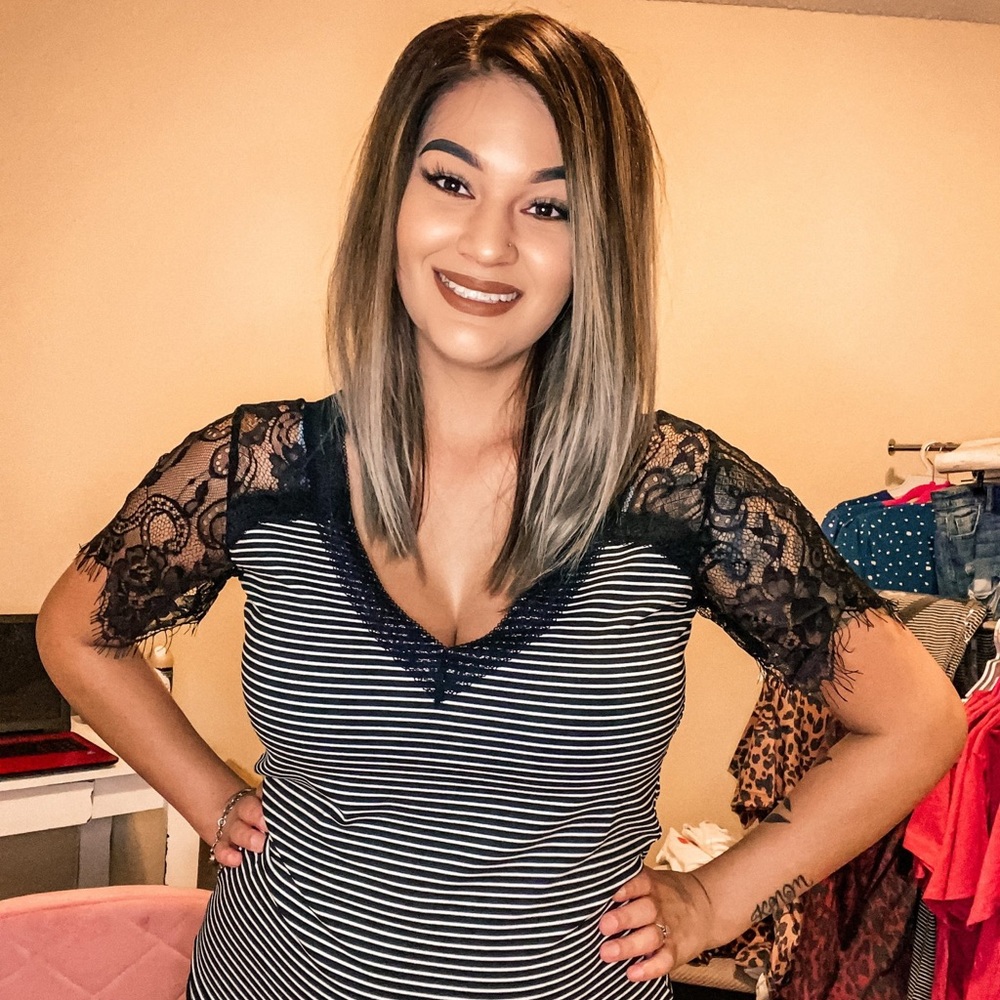 Black & white striped top with lace sleeves